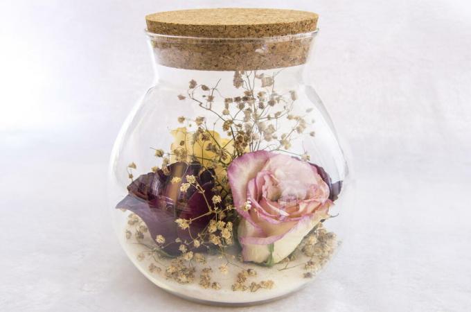 Säilötyt ruusut kannellisessa lasipurkissa