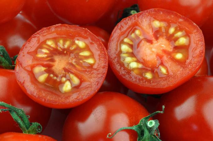 Tomatfrø i skivede tomater