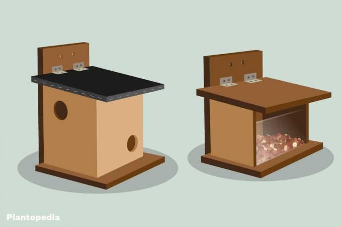 vľavo: domček pre veveričky vpravo: kŕmidlo pre vtáky