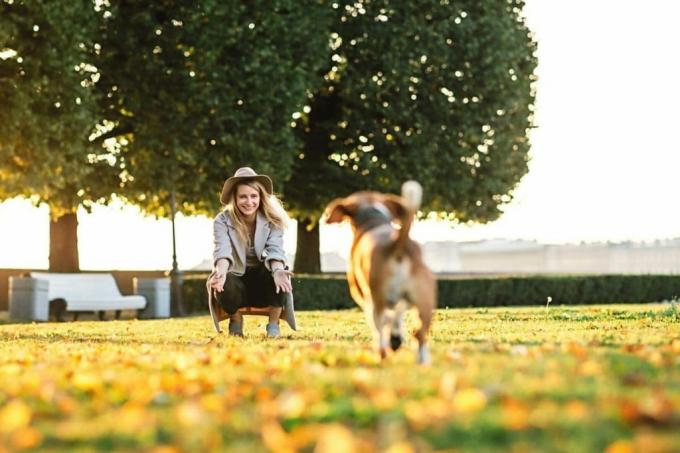 Une femme rappelle un chien dans le parc